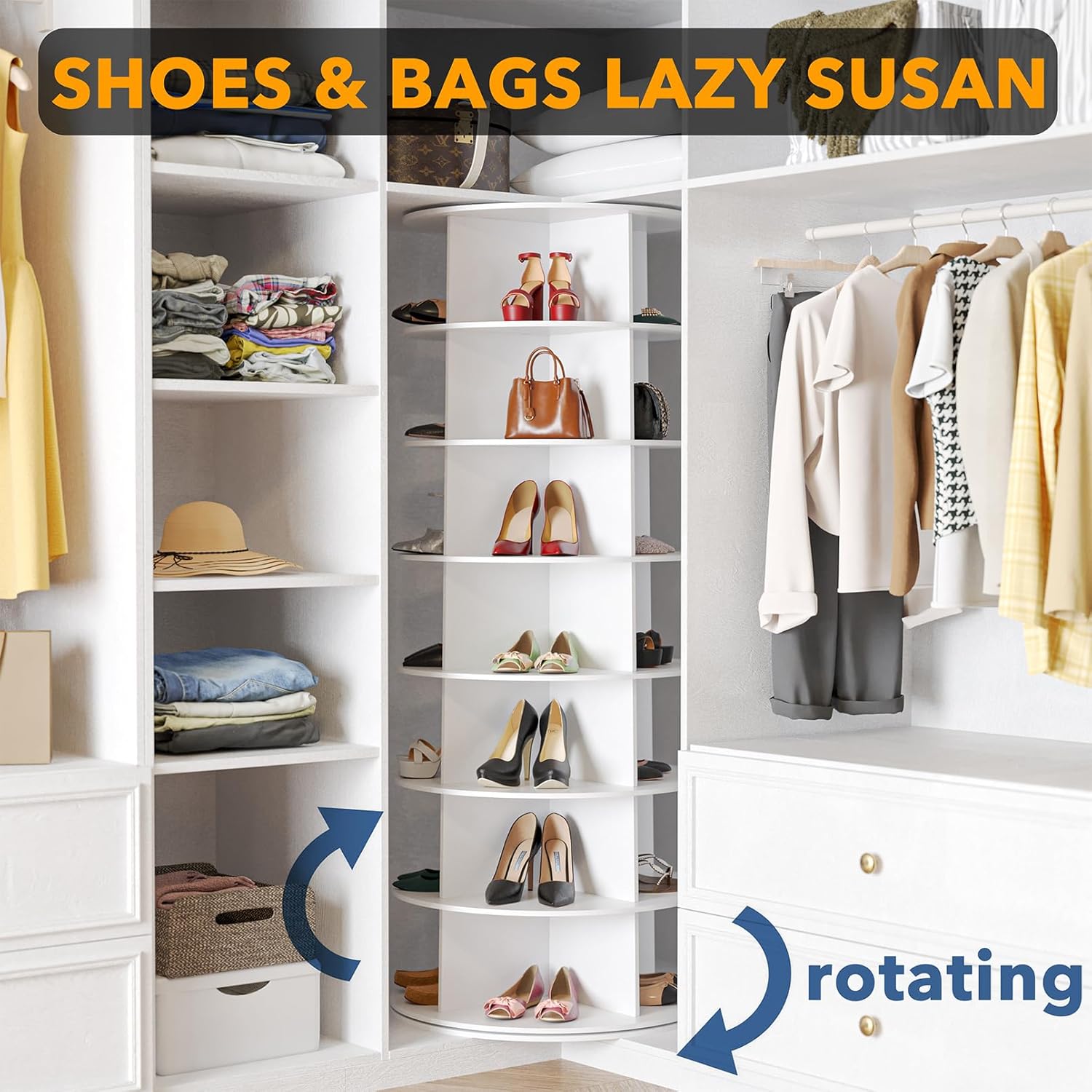 7-Level Rotating Shoe Rack Tower - Space-Saving Lazy Susan Display White