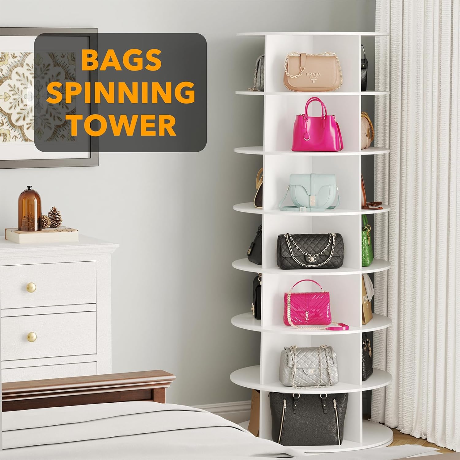 7-Level Rotating Shoe Rack Tower - Space-Saving Lazy Susan Display White
