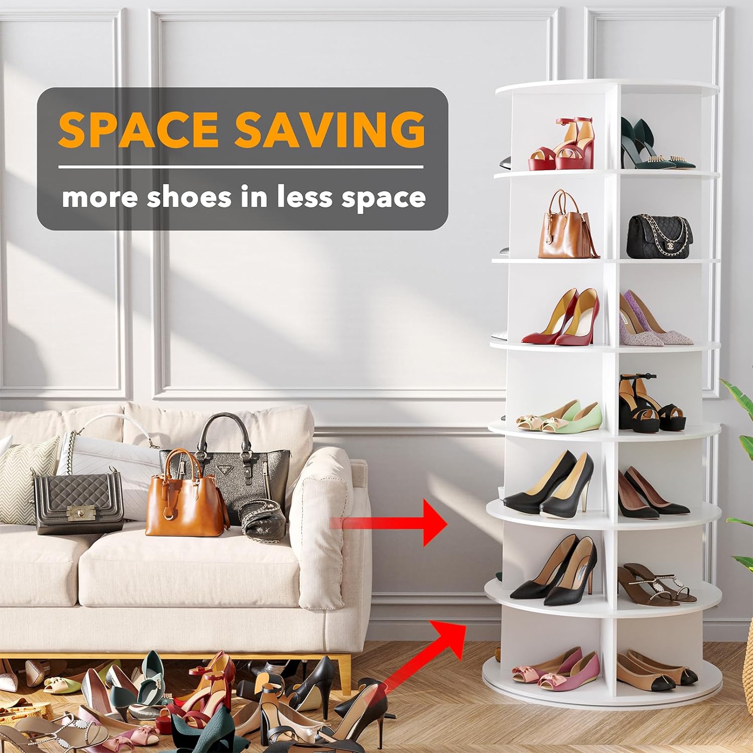 7-Level Rotating Shoe Rack Tower - Space-Saving Lazy Susan Display White